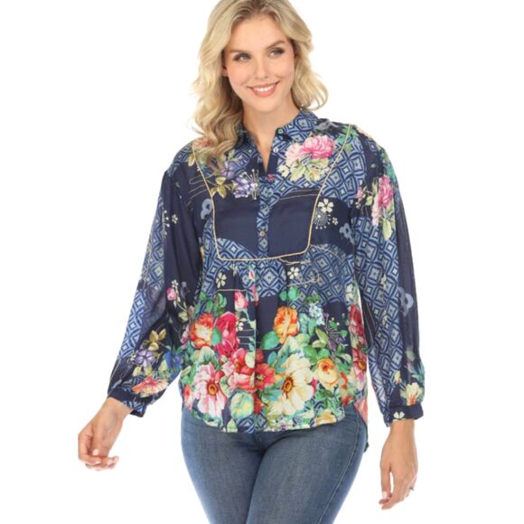 Johnny Was Fanny Ailana 100% Silk Floral Blouse Sz S Boho Chic Flowy C11624B2 - Picture 1 of 9